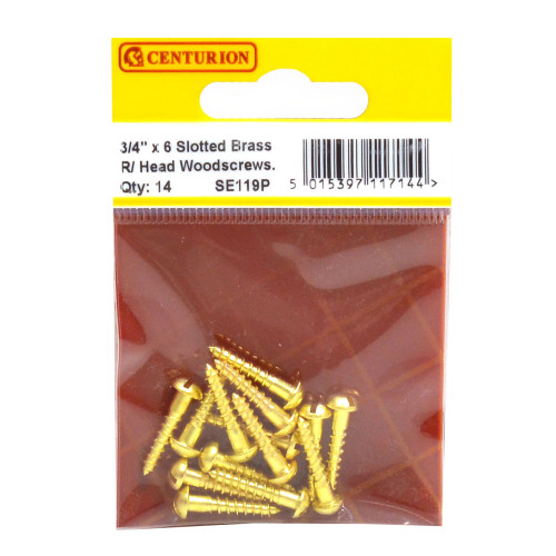 3/4" x 6 Slotted Round Head Woodscrew - Solid Brass - (Pack of 14)