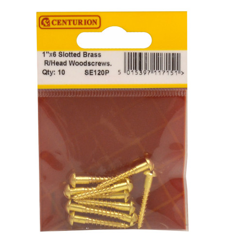 1" x 6 Slotted Round Head Woodscrew - Solid Brass - (Pack of 10)