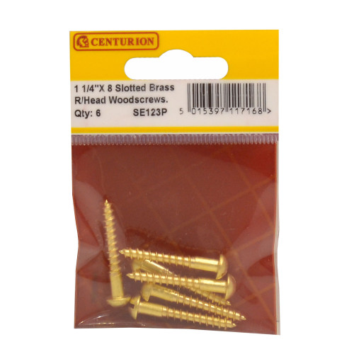 1 1/4" x 8 Slotted Round Head Woodscrew - Solid Brass - (Pack of 6)