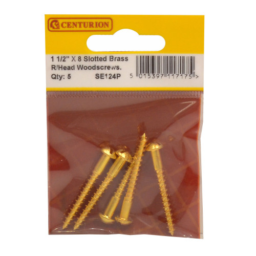 1 1/2" x 8 Slotted Round Head Woodscrew - Solid Brass - (Pack of 5)