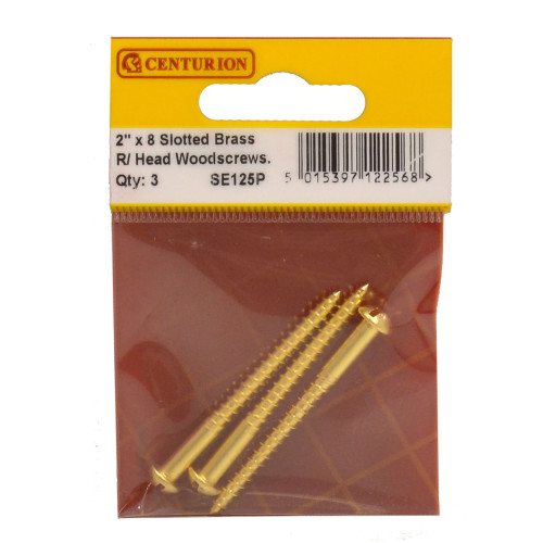 2" x 8 Slotted Round Head Woodscrew - Solid Brass - (Pack of 3)