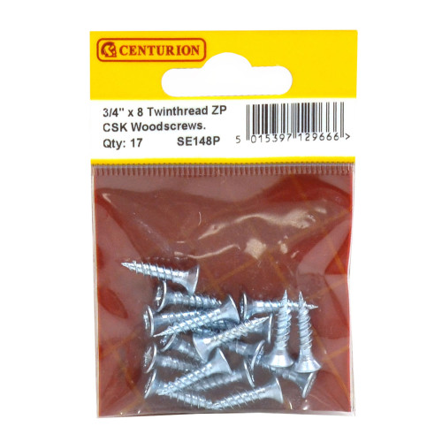 3/4" x 8 ZP Cross Recessed Hardened Twin Thread Woodscrews with Countersunk Head (Pack of 17)