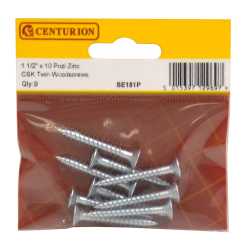 1 1/2" x 10 ZP Cross Recessed Hardened Twin Thread Woodscrews with Countersunk Head (Pack of 9)