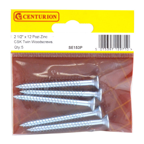 2 1/2" x 12 ZP Cross Recessed Hardened Twin Thread Woodscrews with Countersunk Head (Pack of 5)