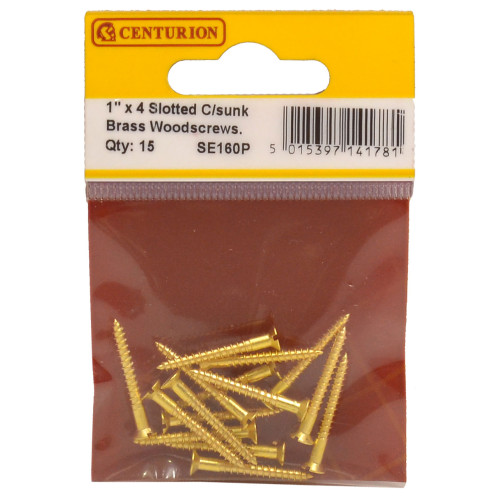 1" x 4 Slotted Brass Woodscrew - Countersunk Head - (Pack of 15)