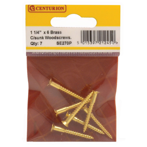 1 1/4" x 6 Slotted Brass Woodscrew - Countersunk Head - (Pack of 7)