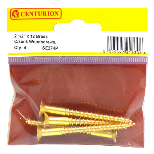2 1/2" x 12 Slotted Brass Woodscrew - Countersunk Head - (Pack of 4)