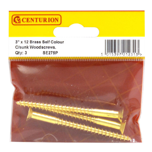 3" x 12 Slotted Brass Woodscrew - Countersunk Head - (Pack of 3)