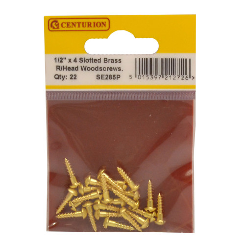 1/2" x 4 Slotted Round Head Woodscrew - Solid Brass - (Pack of 22)