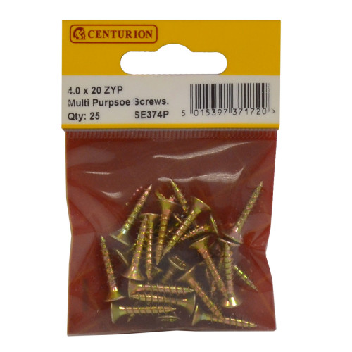 Multi Purpose Pozi Countersunk Screws, 4 x 20mm, Zinc Yellow Passivated