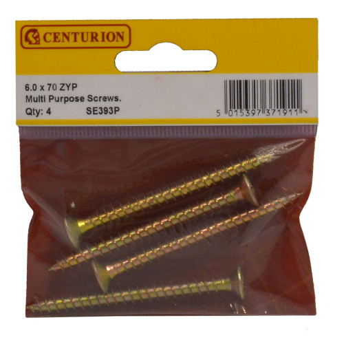 Centurion Multi Purpose Pozi Countersunk Screws, 6 x 70mm, Zinc Yellow Passivated