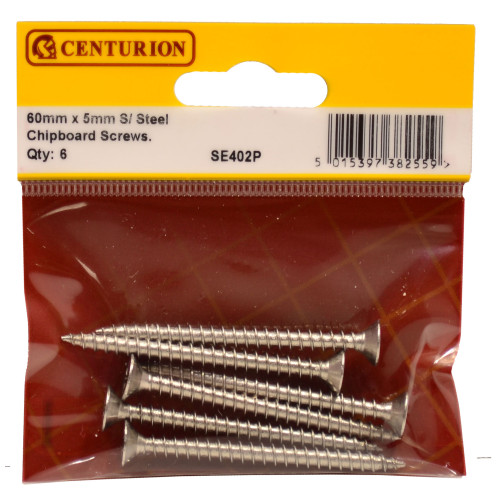 5mm x 60mm Stainless Steel Chipboard Screws CRCS Head Countersunk (Pack of 6)