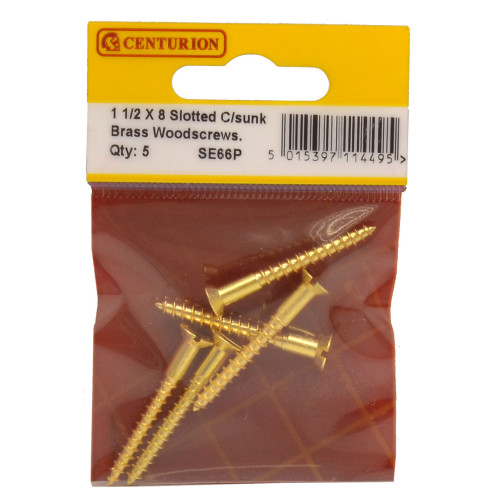 1 1/2" x 8 Slotted Brass Woodscrew - Countersunk Head - (Pack of 5)