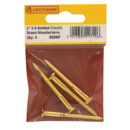 2" x 8 Slotted Brass Woodscrew - Countersunk Head - (Pack of 4)