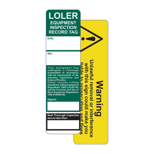 'LOLER (Lifting Operations and Lifting Equipment Regulations)' Tag Insert (Pack of 10)