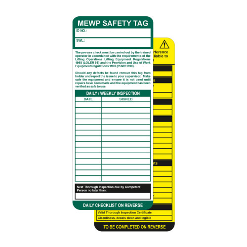 Centurion MEWP Mobile Elevating Work Platforms Tag Insert Pack of 50