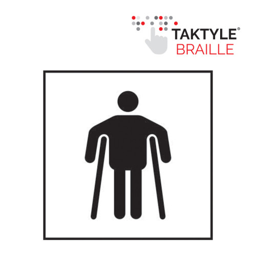 'Man On Crutches Graphic' Sign, Self Adhesive Taktyle, White (150mm x 150mm)