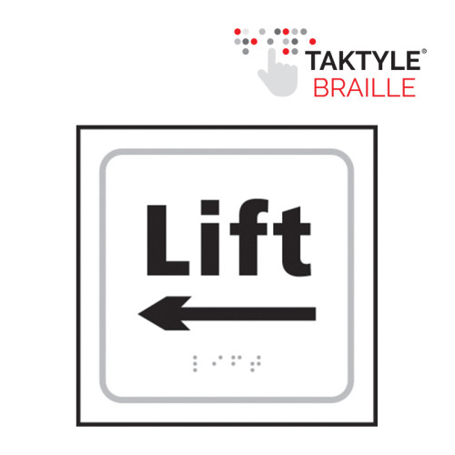 'Lift Arrow Left' Sign, Self Adhesive Taktyle, White (150mm x 150mm)