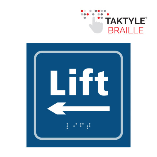 'Lift Arrow Left' Sign, Self Adhesive Taktyle, Blue (150mm x 150mm)