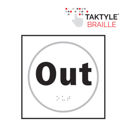 'Out' Sign, Self Adhesive Taktyle, White (150mm x 150mm)