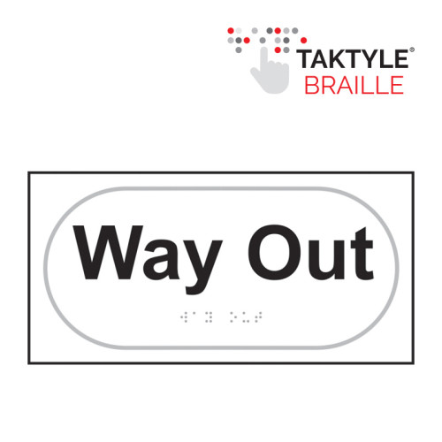 'Way Out' Sign, Self Adhesive Taktyle, White (300mm x 150mm)