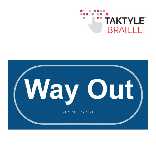 'Way Out' Sign, Self Adhesive Taktyle, Blue (300mm x 150mm)