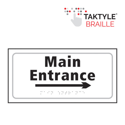 'Main Entrance Arrow Right' Sign, Self Adhesive Taktyle, White (300mm x 150mm)