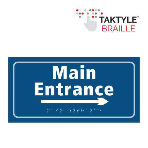 'Main Entrance Arrow Right' Sign, Self Adhesive Taktyle, Blue (300mm x 150mm)