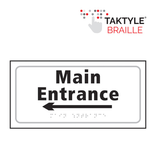 'Main Entrance Arrow Left' Sign, Self Adhesive Taktyle, White (300mm x 150mm)