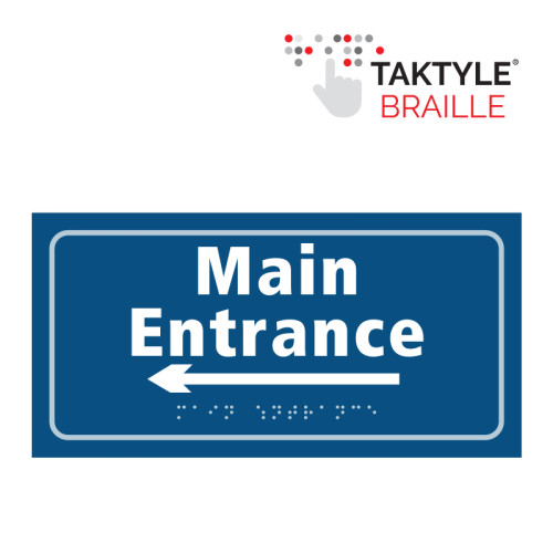 'Main Entrance Arrow Left' Sign, Self Adhesive Taktyle, Blue (300mm x 150mm)