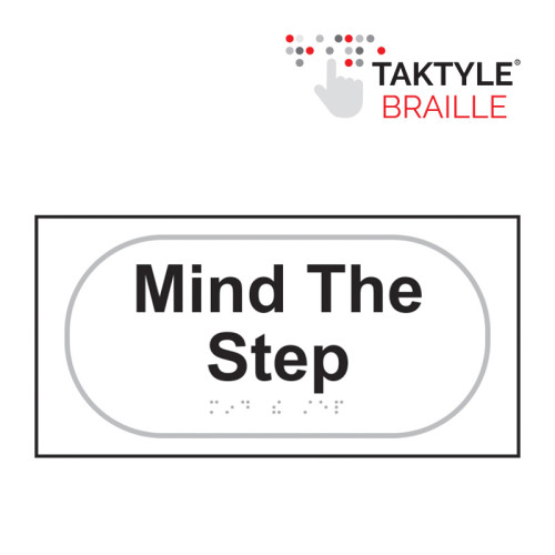 'Mind That Step' Sign, Self Adhesive Taktyle, White (300mm x 150mm)