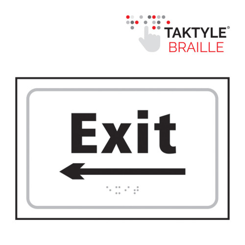 'Exit Arrow Left' Sign, Self Adhesive Taktyle, White (225mm x 150mm)