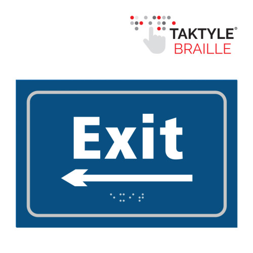 'Exit Arrow Left' Sign, Self Adhesive Taktyle, Blue (225mm x 150mm)