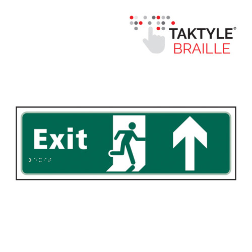 'Exit Man Running Arrow Up' Sign, Self Adhesive Taktyle (450mm x 150mm)