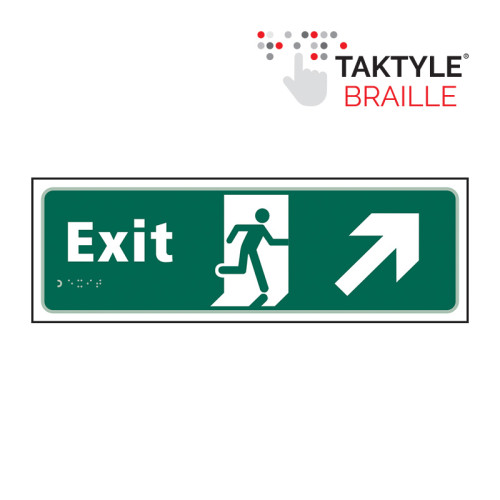 'Exit Man Running Arrow Up/Right' Sign, Self Adhesive Taktyle (450mm x 150mm)