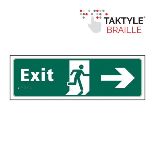 'Exit Man Running Arrow Right' Sign, Self Adhesive Taktyle (450mm x 150mm)
