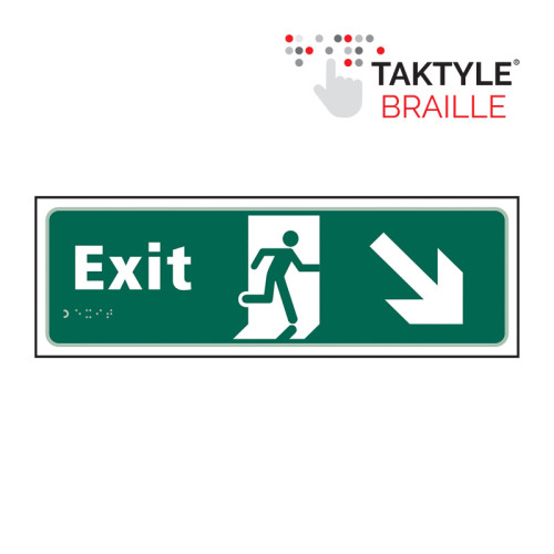 'Exit Man Running Arrow Down/Right' Sign, Self Adhesive Taktyle (450mm x 150mm)