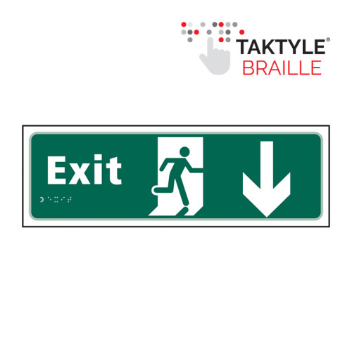 'Exit Man Running Arrow Down' Sign, Self Adhesive Taktyle (450mm x 150mm)