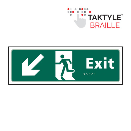 'Exit Man Running Arrow Down/Left' Sign, Self Adhesive Taktyle (450mm x 150mm)