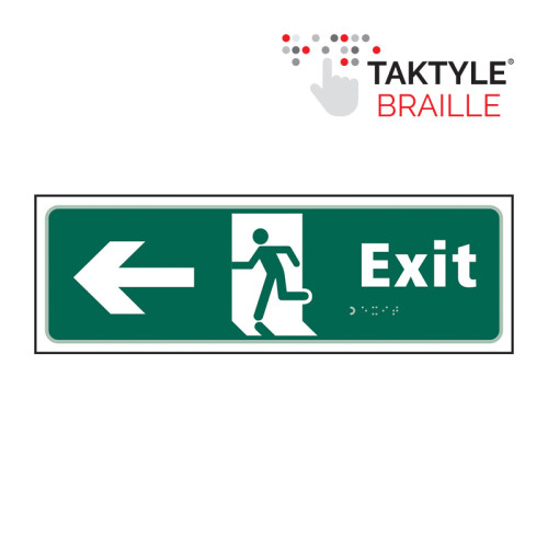 'Exit Man Running Arrow Left' Sign, Self Adhesive Taktyle (450mm x 150mm)