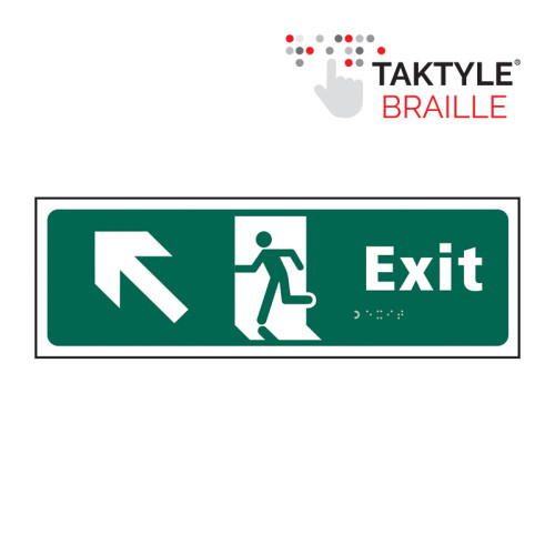 'Exit Man Running Arrow Up/Left' Sign, Self Adhesive Taktyle (450mm x 150mm)