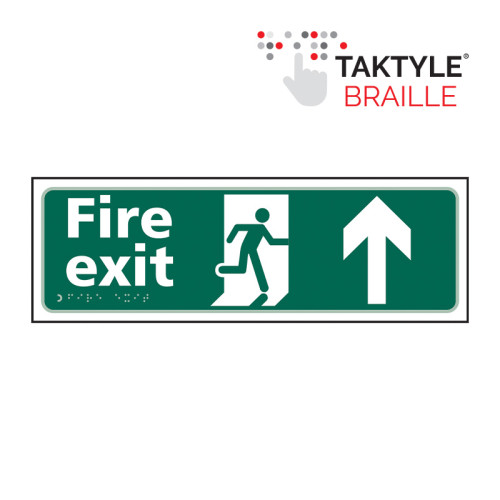 'Fire Exit Man Running Arrow Up' Sign, Self Adhesive Taktyle (450mm x 150mm)