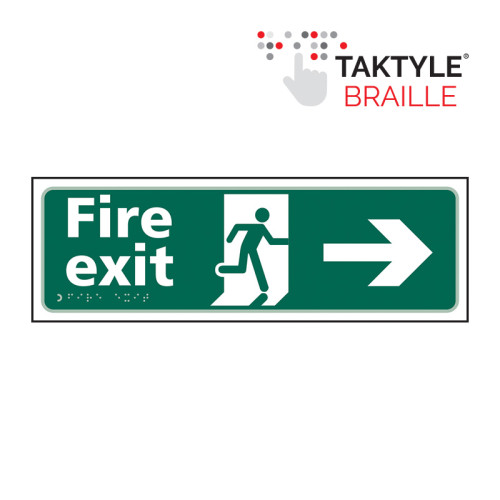 'Fire Exit Man Running Arrow Right' Sign, Self Adhesive Taktyle (450mm x 150mm)