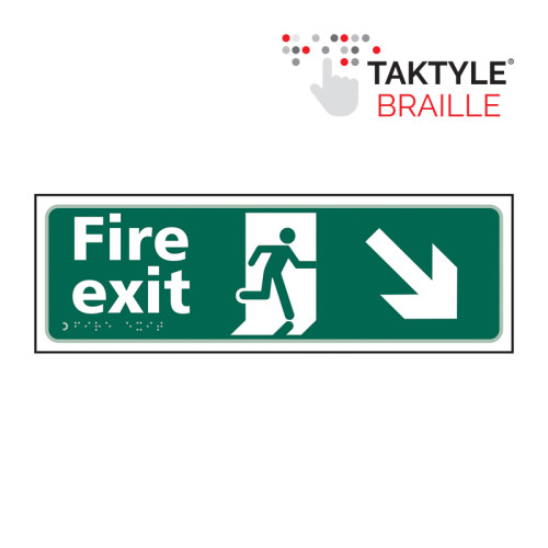 'Fire Exit Man Running Arrow Down/Right' Sign, Self Adhesive Taktyle (450mm x 150mm)
