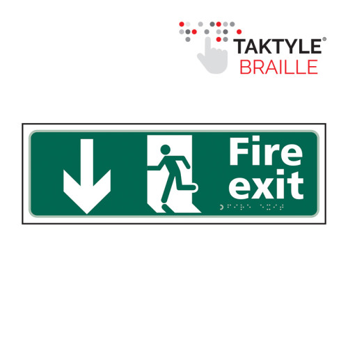 'Fire Exit Man Running Arrow Down' Sign, Self Adhesive Taktyle (450mm x 150mm)