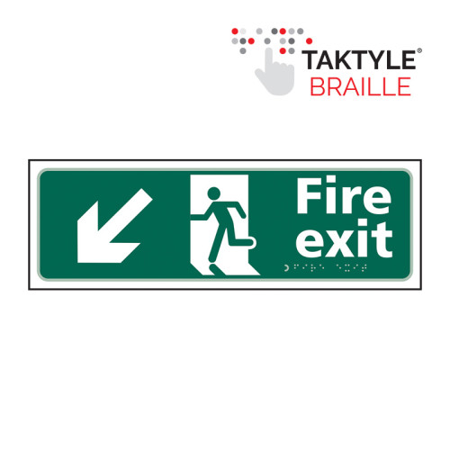 'Fire Exit Man Running Arrow Down/Left' Sign, Self Adhesive Taktyle (450mm x 150mm)
