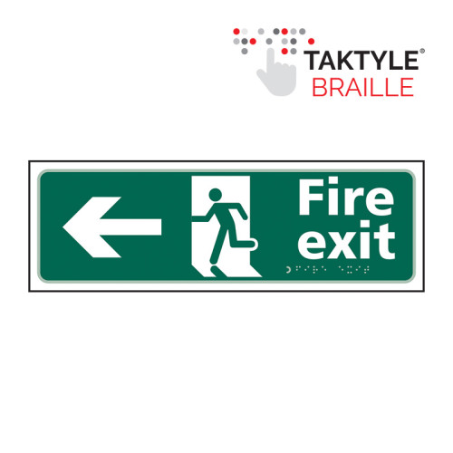 'Fire Exit Man Running Arrow Left' Sign, Self Adhesive Taktyle (450mm x 150mm)