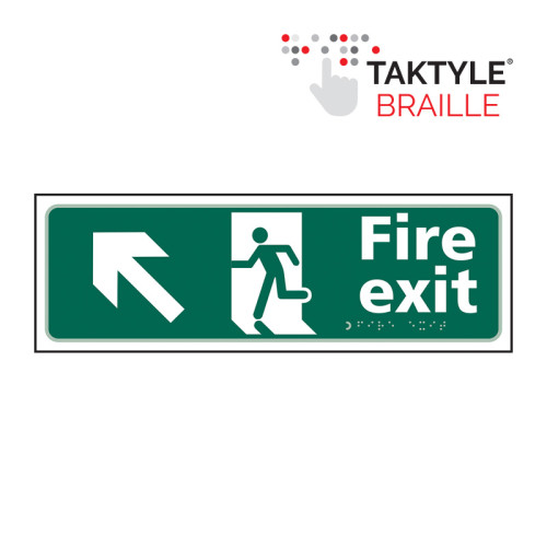 'Fire Exit Man Running Arrow Up/Left' Sign, Self Adhesive Taktyle (450mm x 150mm)