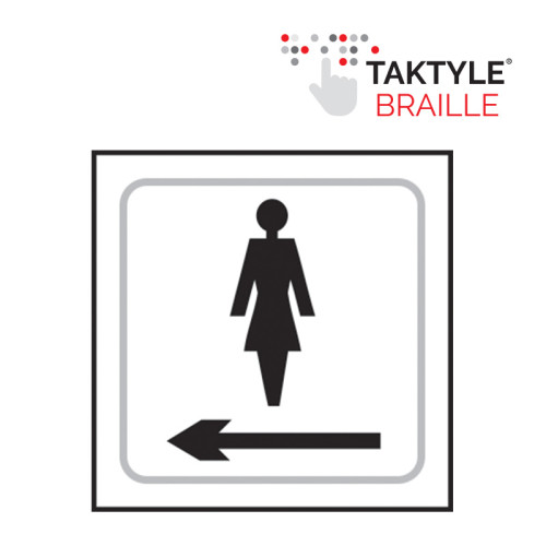 'Ladies Graphic Arrow Left' Sign, Self Adhesive Taktyle, White (150mm x 150mm)
