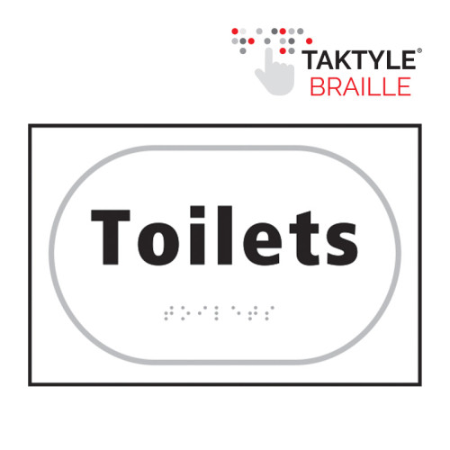 'Toilets' Sign, Self Adhesive Taktyle, White (225mm x 150mm)